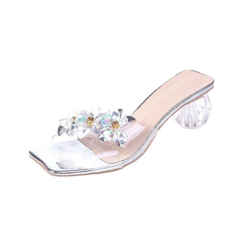 Ddbos Crystal Sandals Elegant Middle Heels Women slippers Summer Shoes Open Toe Sandal Chunky Heels Woman Red Gold Sliver