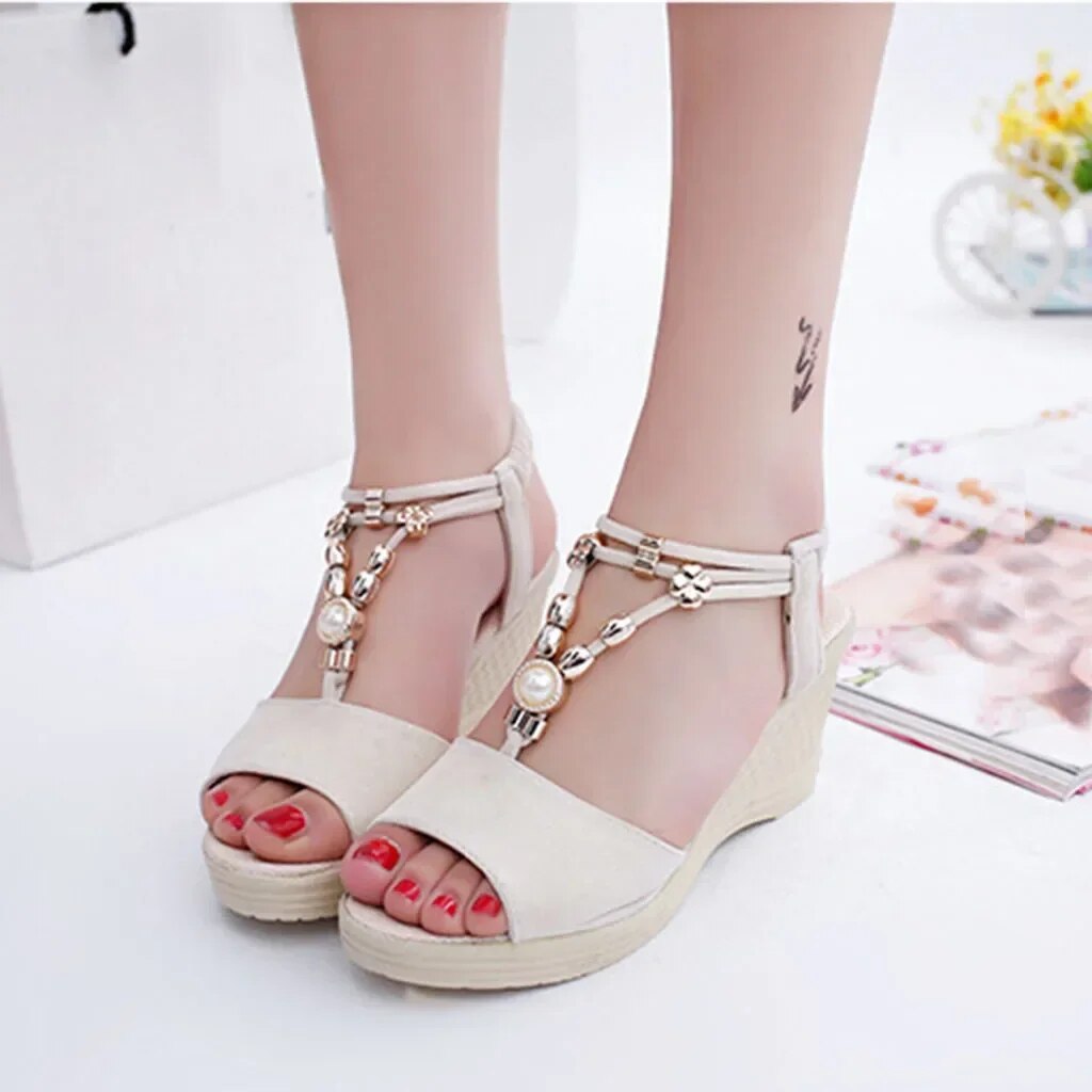 Ddbos Summer Ladies Platform Wedge Sandals with Rhinestone Red Beige Casual Comfortable Slope Heel Open Toe Shoes Women's Luxury