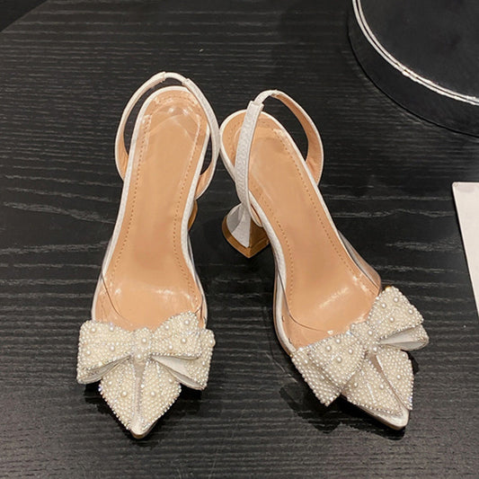 White Pearl Bowknot Women Pumps Sexy Pointed Toe High Heels Wedding Prom Shoe PVC Transparent Sandal Female