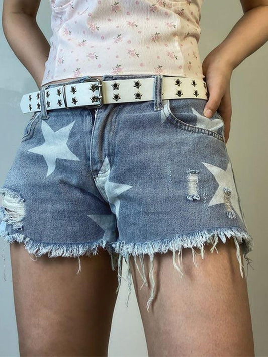 Ddbos - Random Star Print Ripped Low Rise Denim Shorts