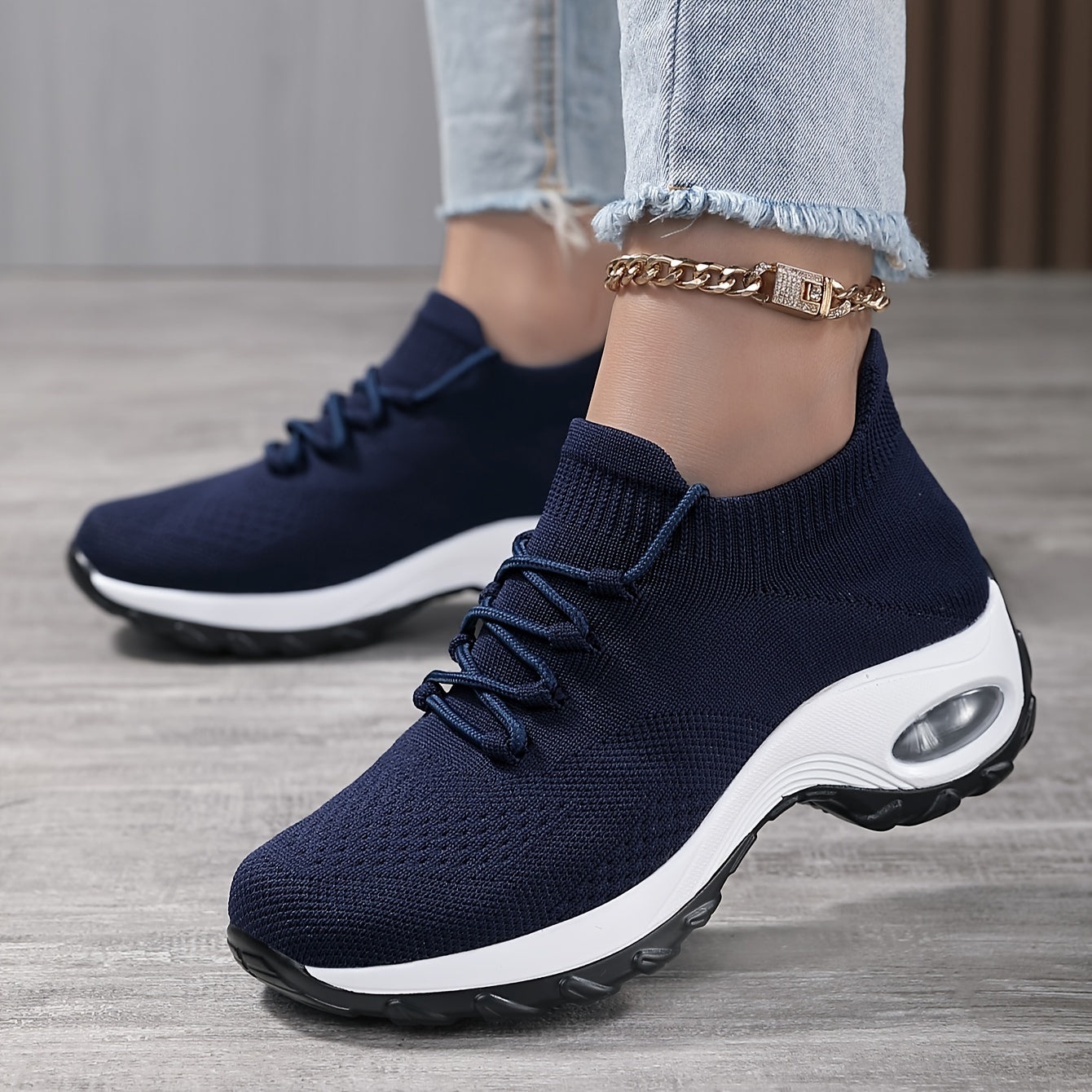 Ddbos Women's Breathable Knit Chunky Sneakers, Casual Lace Up Outdoor Shoes, Comfortable Low Top Sport Shoes plus size