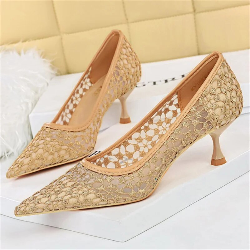 Ddbos Women Fetish 5.5cm High Heels Mesh Pumps Wedding Bridal Sexy Wine Red Low Heels Lady Scarpins Lace Office Party Quality Shoes