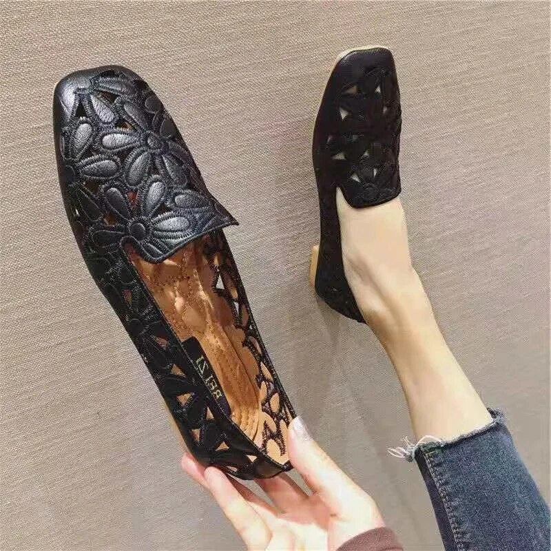 Ddbos Shoes for Women Hot Sale Square Toe  Embroidery Women's Flats Summer Casual Ladies Ballet Shoes Solid Hollow Female Loafers