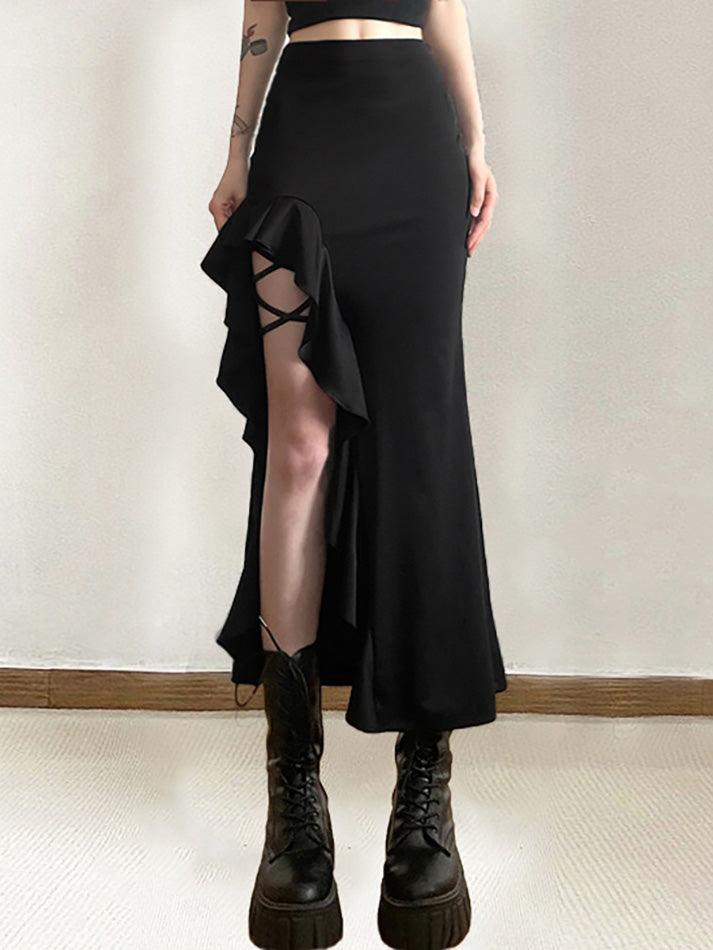 Ddbos - High Waist Irregular Split Goth Skirt