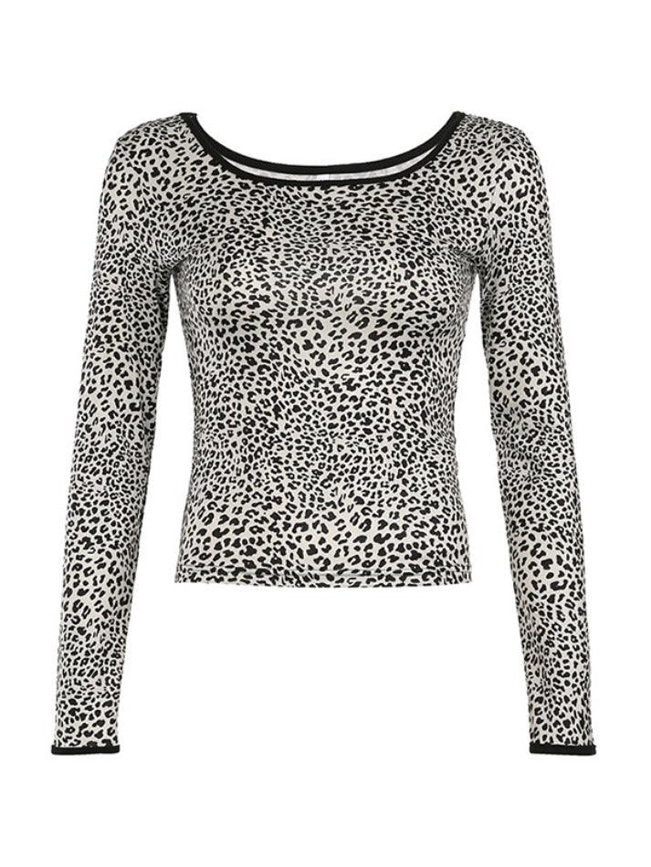 Ddbos - Leopard Print Round Neck Off Shoulder Long Sleeve Tee