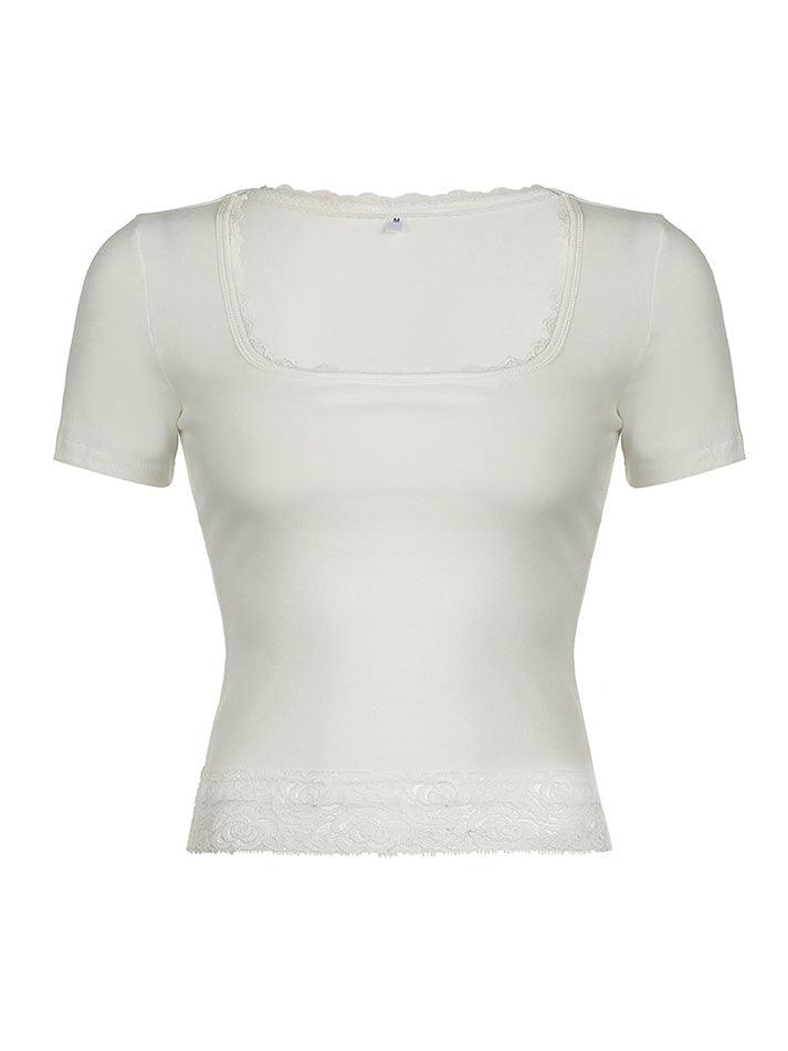 Ddbos - Lace Trim Splice Square Neck Crop Short Sleeve Tee