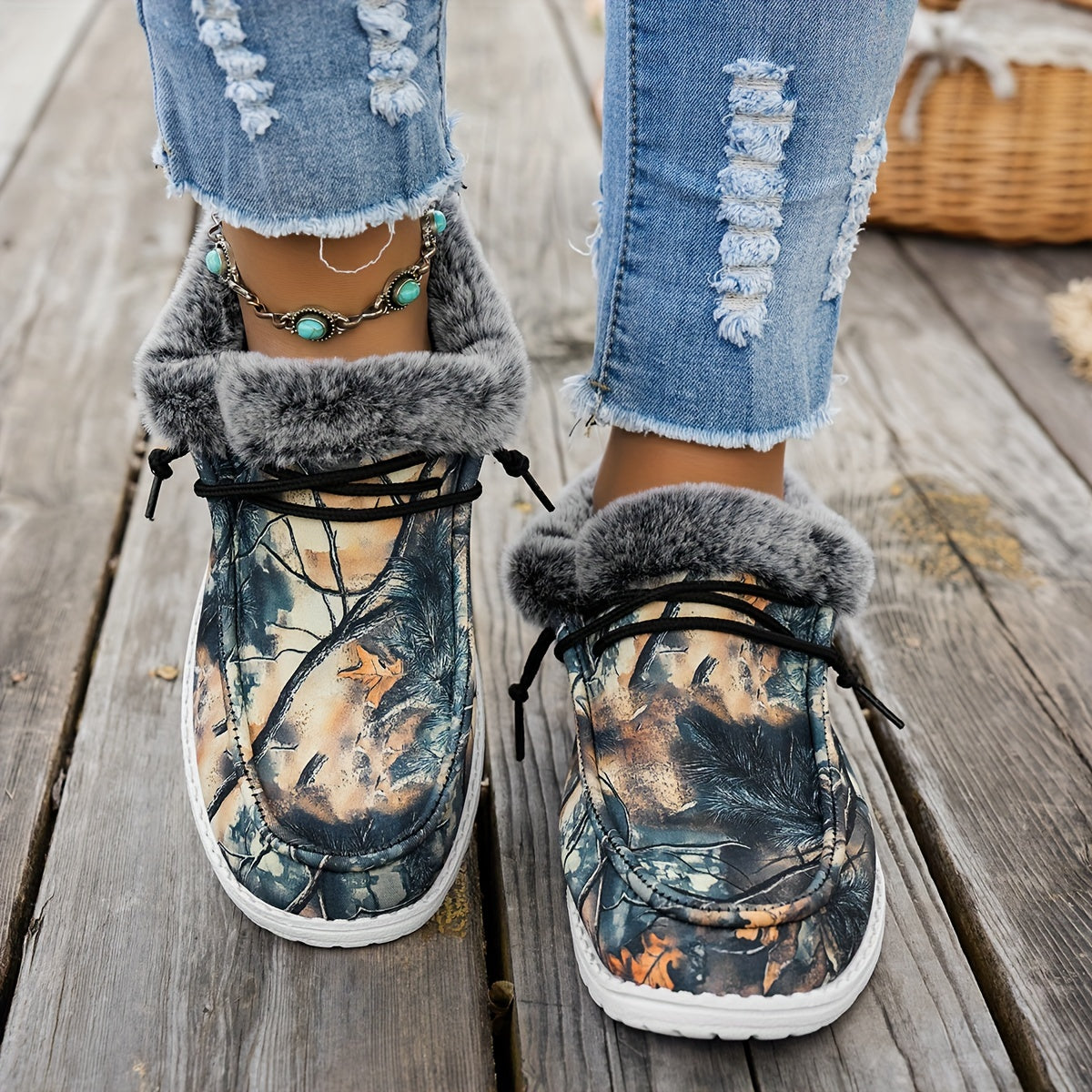 Ddbos 1 Pair Women'S Casual Ankle Boots with Faux Fur Trim, Camouflage Print, Breathable Canvas Fabric, Slip-Resistant, Round Toe, Lace-Up, Flat EVA Sole, Comfortable Work Shoes for All Seasons