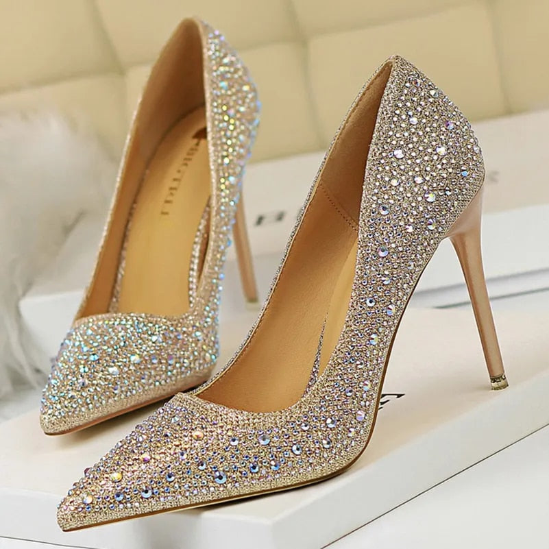 Women 10cm High Heels Stripper Bling Scarpins Pumps Lady Stiletto Wedding Bridal Party Fetish Crystal Rhinestone Gold Prom Shoes