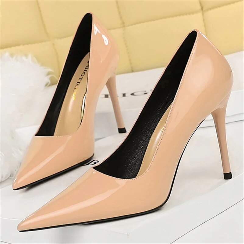 Ddbos Women Fetish 10cm High Heels Nude Pumps Wedding Bridal Stiletto Wedding Sexy Wine Red Heels Lady Scarpins Office Party Shoes