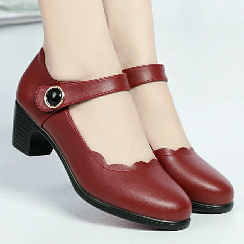 Ddbos Women Classic Wine Red Height Increased Round Toe Buckle Strap Heel Shoes Lady Fashion Comfort Summer Party Pump