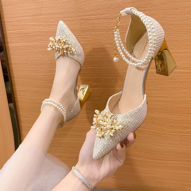 Ladies Shoes on Sale New Fashion Pointed Metal Beaded Solid Women's High Heels Summer Leisure Banquet Women Wedding Pump