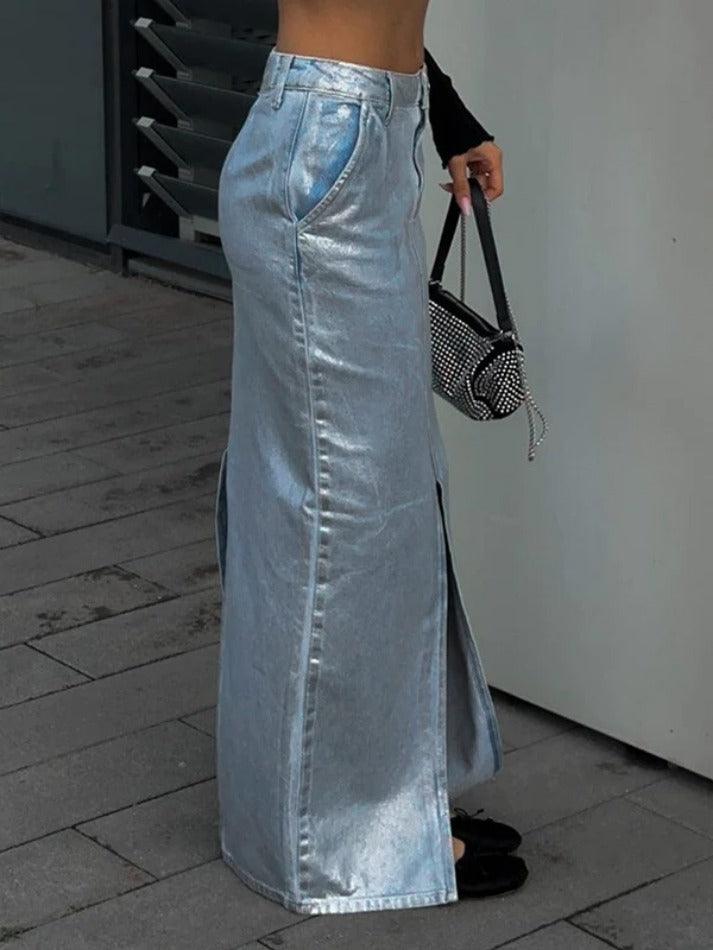 Ddbos - Reflective Split A-line Denim Maxi Skirt