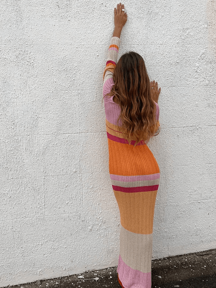 Ddbos - Color Block Stripe Knitted Maxi Dress