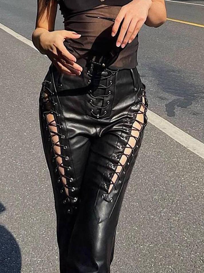 Ddbos - Cut-out Lace Up Pu Leather Pants