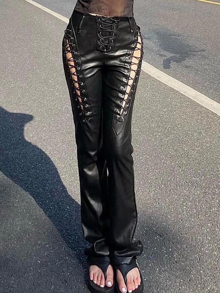 Ddbos - Cut-out Lace Up Pu Leather Pants