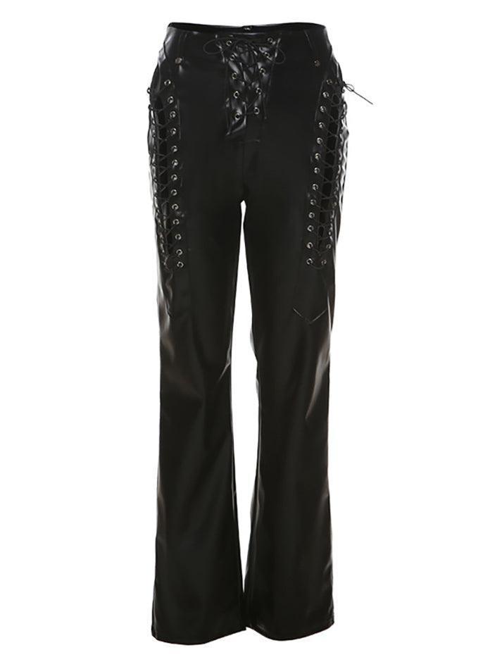 Ddbos - Cut-out Lace Up Pu Leather Pants