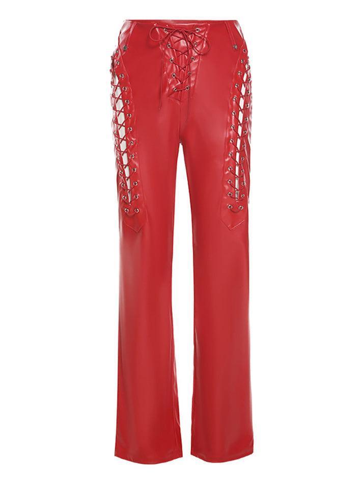 Ddbos - Cut-out Lace Up Pu Leather Pants