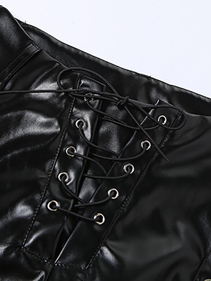 Ddbos - Cut-out Lace Up Pu Leather Pants