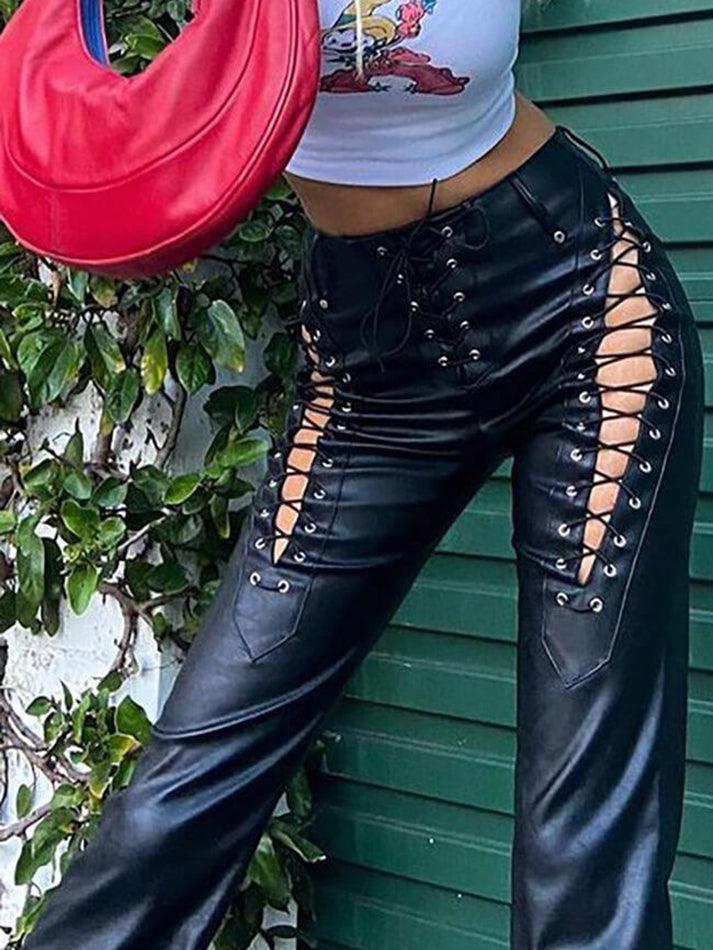 Ddbos - Cut-out Lace Up Pu Leather Pants