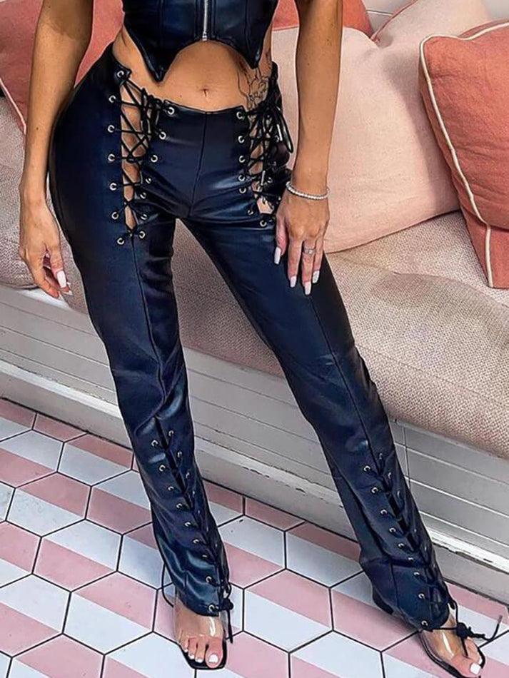 Ddbos - Cut-out Lace Up Pu Leather Pants