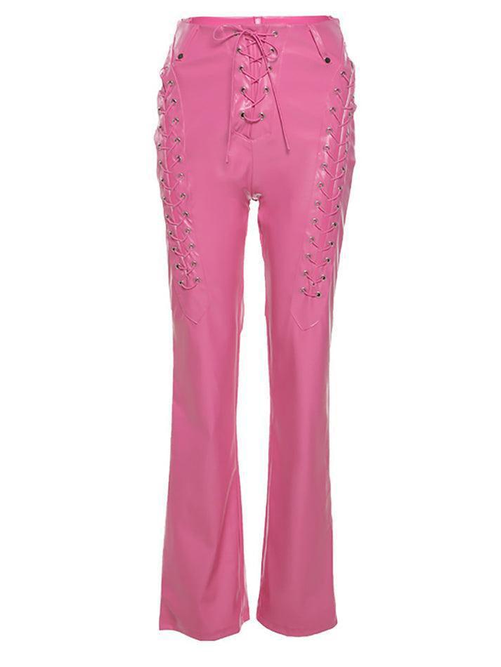 Ddbos - Cut-out Lace Up Pu Leather Pants