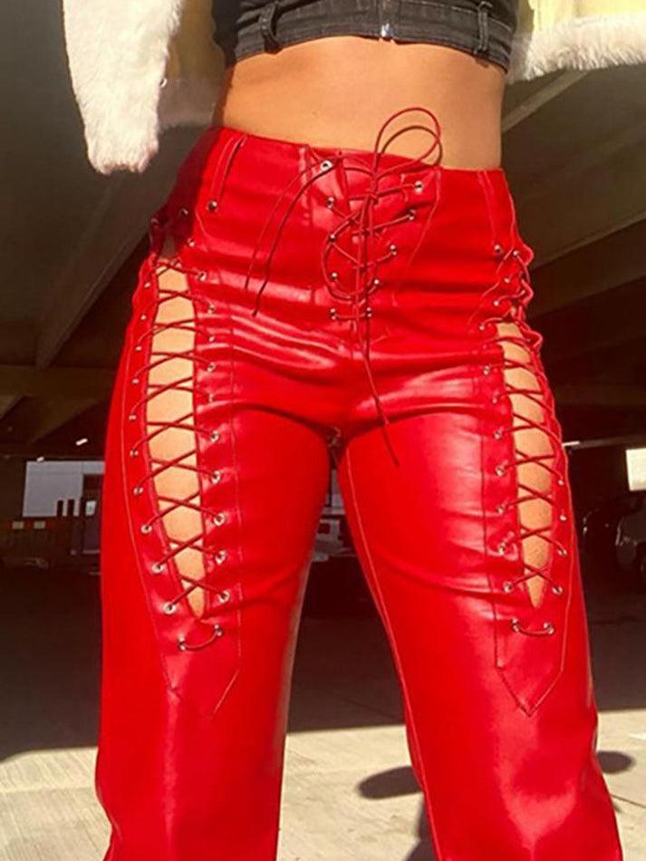 Ddbos - Cut-out Lace Up Pu Leather Pants