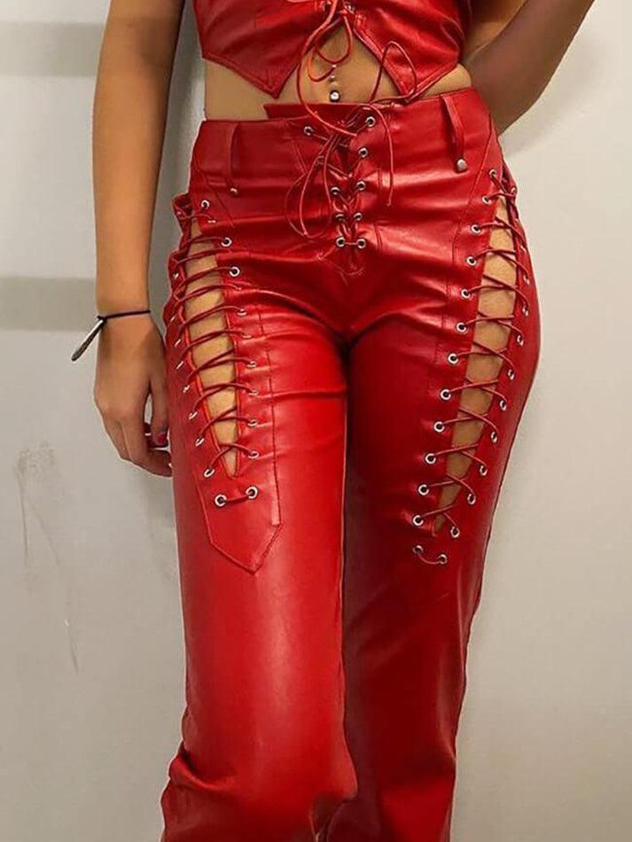 Ddbos - Cut-out Lace Up Pu Leather Pants