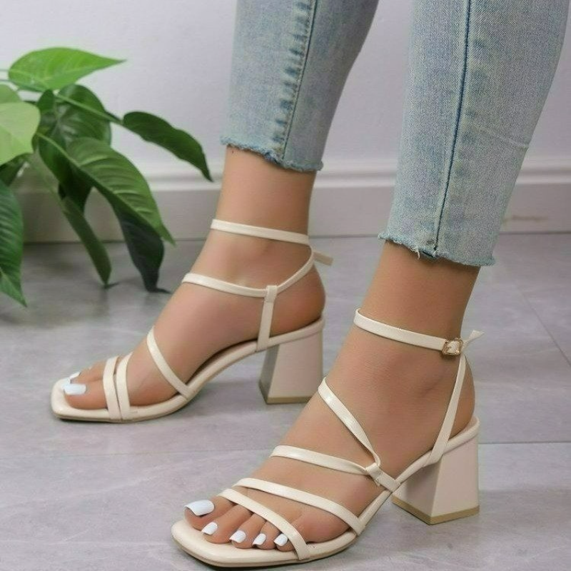 Ddbos Luxury Sandals Women Fashion Summer Ladies High Heels Simple Square Toe Open Toe Heeled Sandals Straps Womens Shoes Zapatos