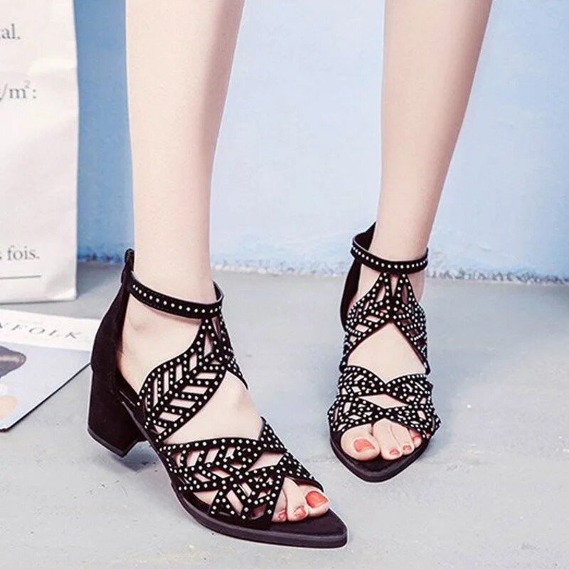 Ddbos New Style Women Summer Rhinestone Hollow Out Faux Leather Thick Heel Zipper Sandals Shoes Sexy Plus Size Ladies Sandals