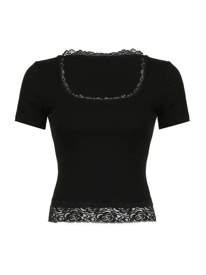 Ddbos - Lace Trim Splice Square Neck Crop Short Sleeve Tee