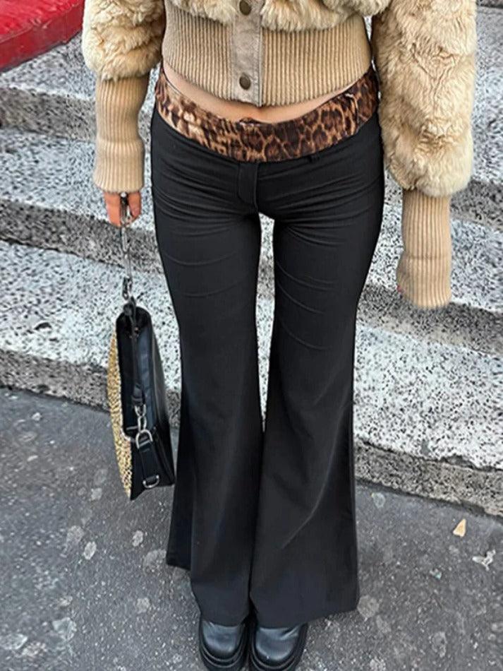 Ddbos - Leopard Splice Elastic Waist Flare Leg Pants