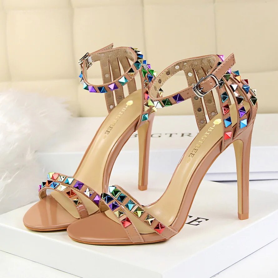 Ddbos Summer Women 11cm High Heels Rivets Studded Sandals Lady Sandles Stiletto Gladiator Pumps Stripper Fetish Open Toe Luxury Shoes