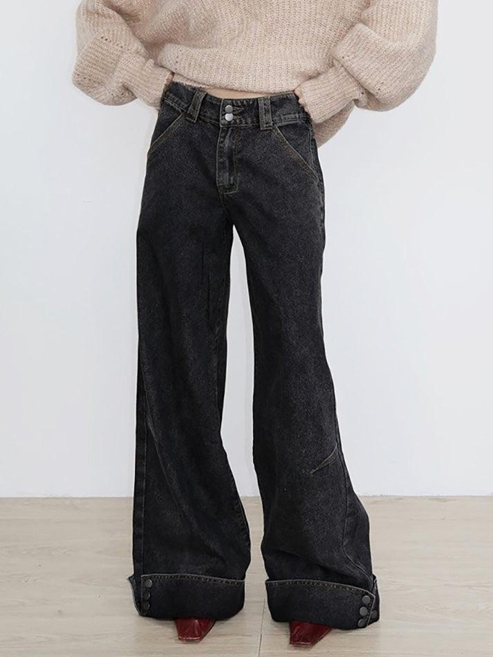 Ddbos - Vintage Buttoned Hem Loose Low-Rise Jeans