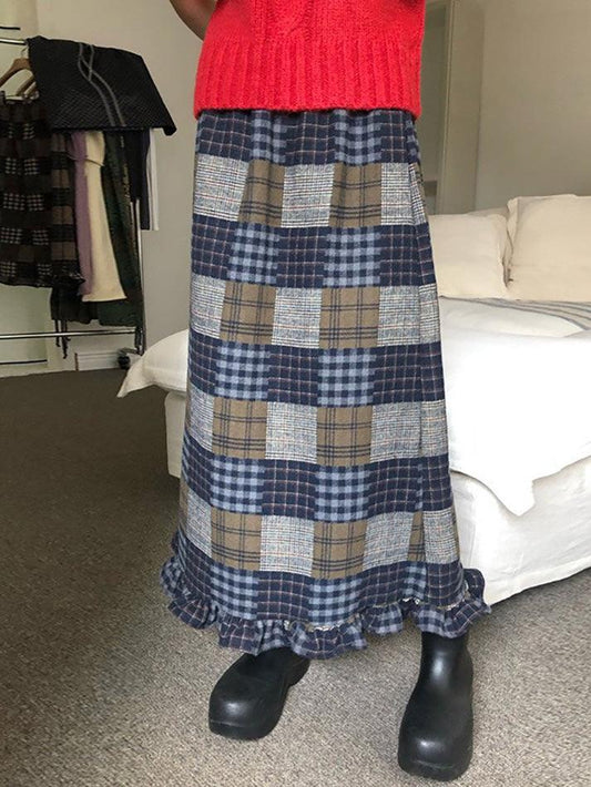 Ddbos - Vintage High Waisted Plaid Ruffle Skirt