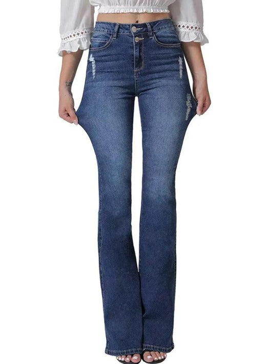 Ddbos - Vintage Blue High Elasticity Ripped Flare Jeans