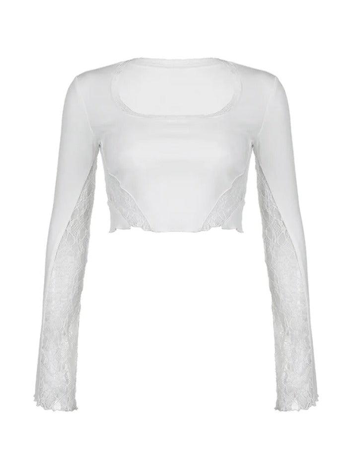 Ddbos - Lace Splice U Neck Cropped Long Sleeve Tee