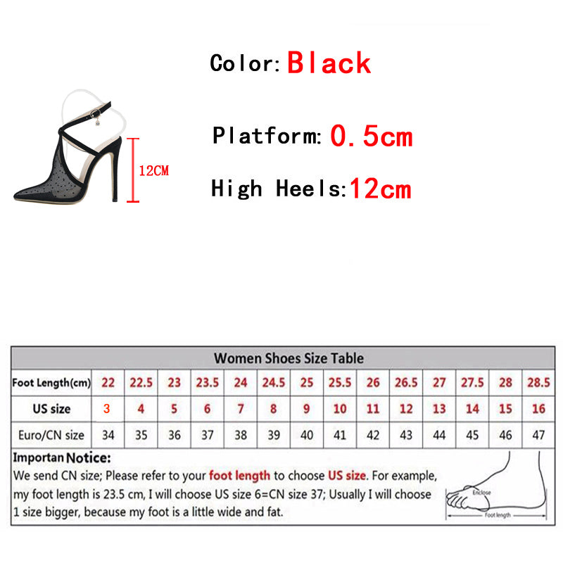 Ddbos New Fashion Black Mesh Pointed Toe Stiletto High Heels Sandals Female Ankle Buckle Strap Party Stripper Shoes Women Pumps