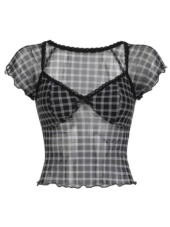 Ddbos - Vintage Plaid Mesh Ruffle Top