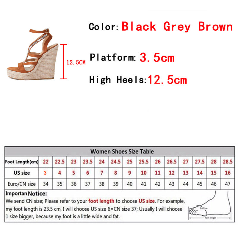 Ddbos Summer Wedge Sandals Women Straw Rope Weave Thick Bottom Platform High Heels Fashion Open Toe Buckle Strap Rhinestone Shoes