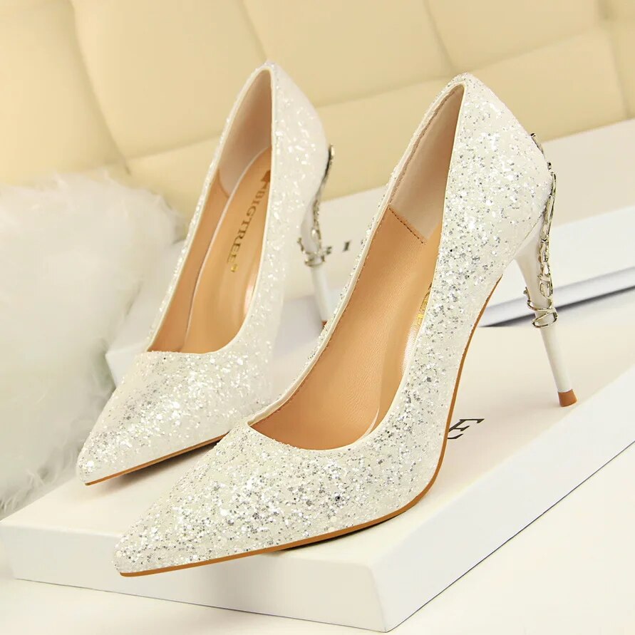 Ddbos Women 9.5cm High Heels Pumps Lady Stiletto Wedding Bridal Gold Silver Heels Nightclub Office Party Sparkly Sequins Bling Shoes