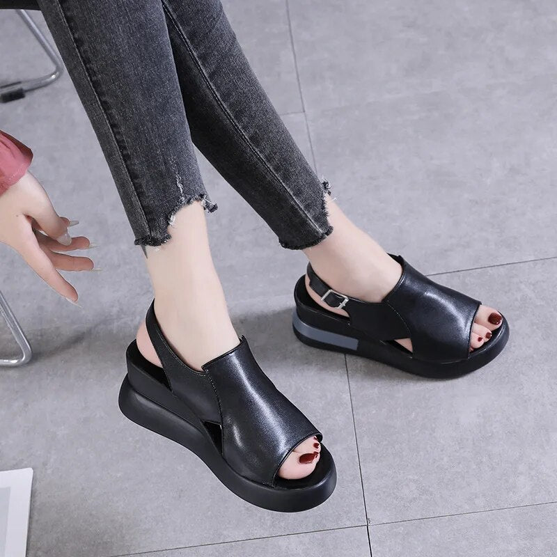 Ddbos Women's Platform Wedge Sandals New Summer High-heeled Fish Mouth Women's Shoes Soft Leather Heightened Platform Shoes