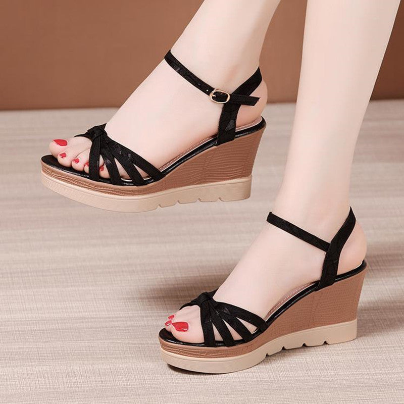 Ddbos Hot Sale Thick Sole Leather Casual Platform Sandals Women Summer High Heels Wedges Shoes for Office Beach Mother