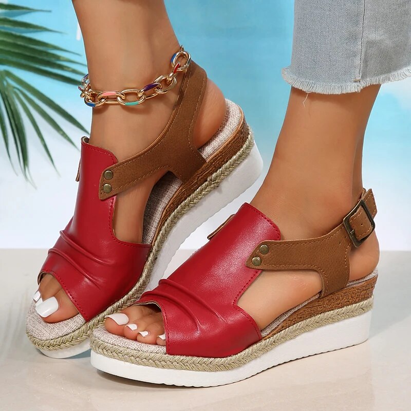 Ddbos Pleated PU Leather Wedge Sandals for Women Back Strap Espadrilles Platform Sandles Woman Summer Thick Bottom Peep Toe Shoes