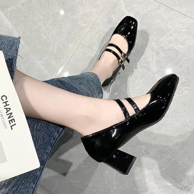 Ddbos Spring Autumn Women Double Buckle Mary Janes Shoes Patent Leather Dress Shoes High Heels Pumps Retro Ladies Shoe Black Red