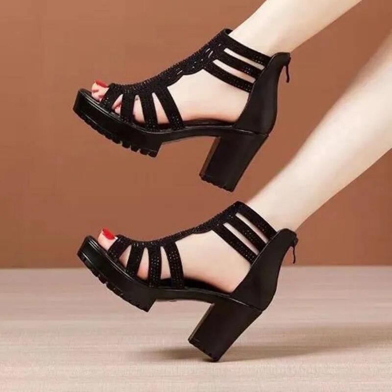 Ddbos High Heels Gladiator Sandals Woman Open Head Sexy Black Rivet Block Heel Platform Shoes Summer Back Zip Size 35-40 Women Sandals