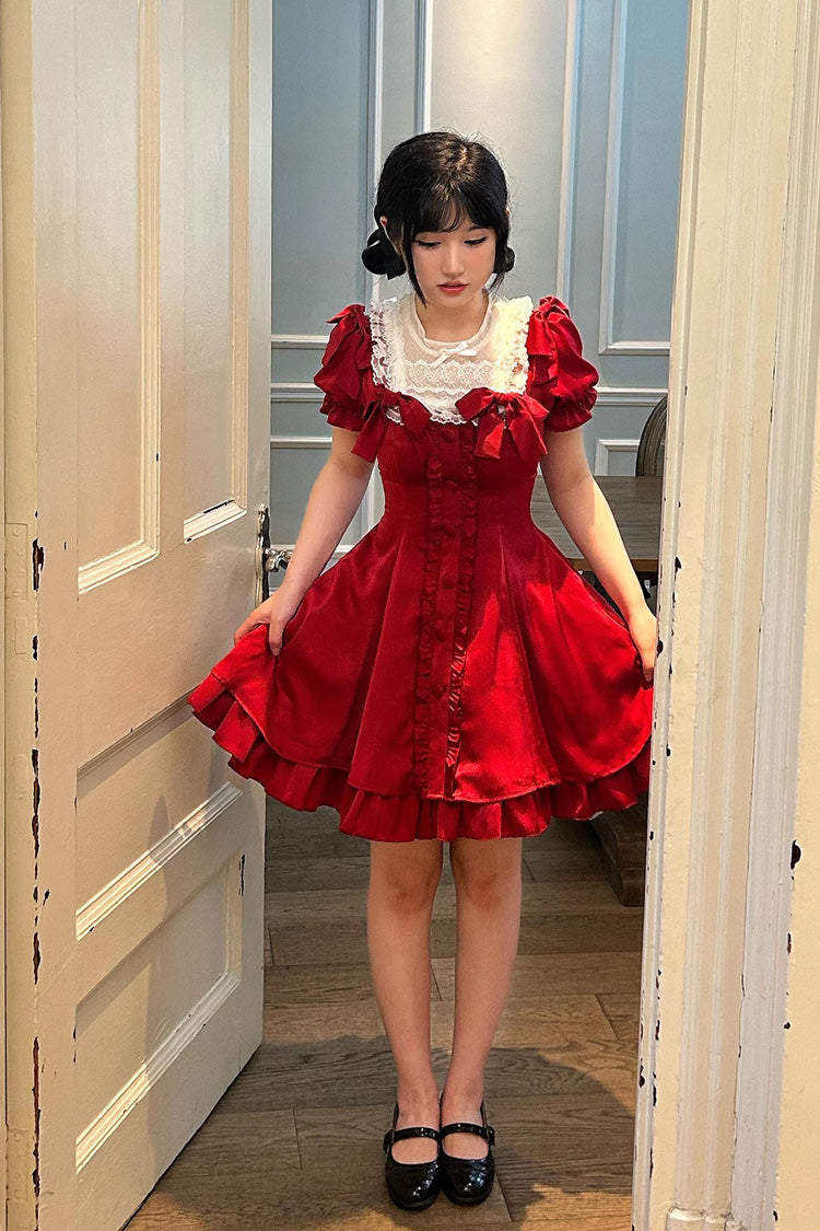 Ddbos - Wine Red Annie's Gift Short Sleeves Bowknot Short Version Sweet Lolita Dress (Plus Size Support)