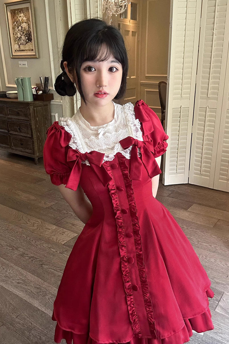 Ddbos - Wine Red Annie's Gift Short Sleeves Bowknot Short Version Sweet Lolita Dress (Plus Size Support)