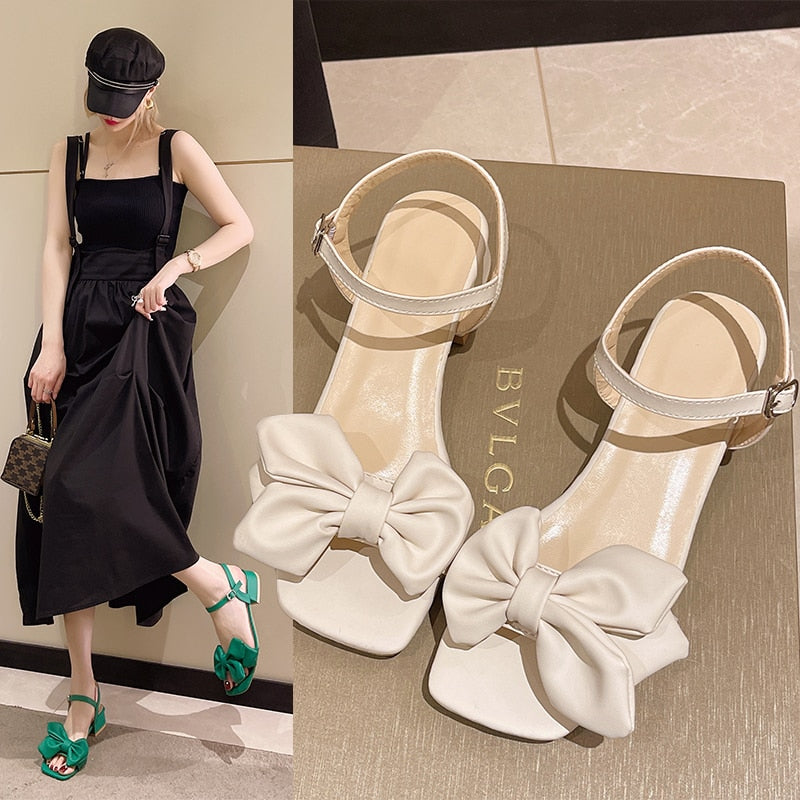 Ddbos Large Solid Color Open-toe Sandals Women Summer New One-line Buckle Fashion Temperament Bow Knot Comfortable Women's Shoes