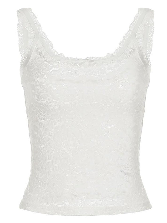 Ddbos - Vintage Lace Square Neck Bow Tank Top