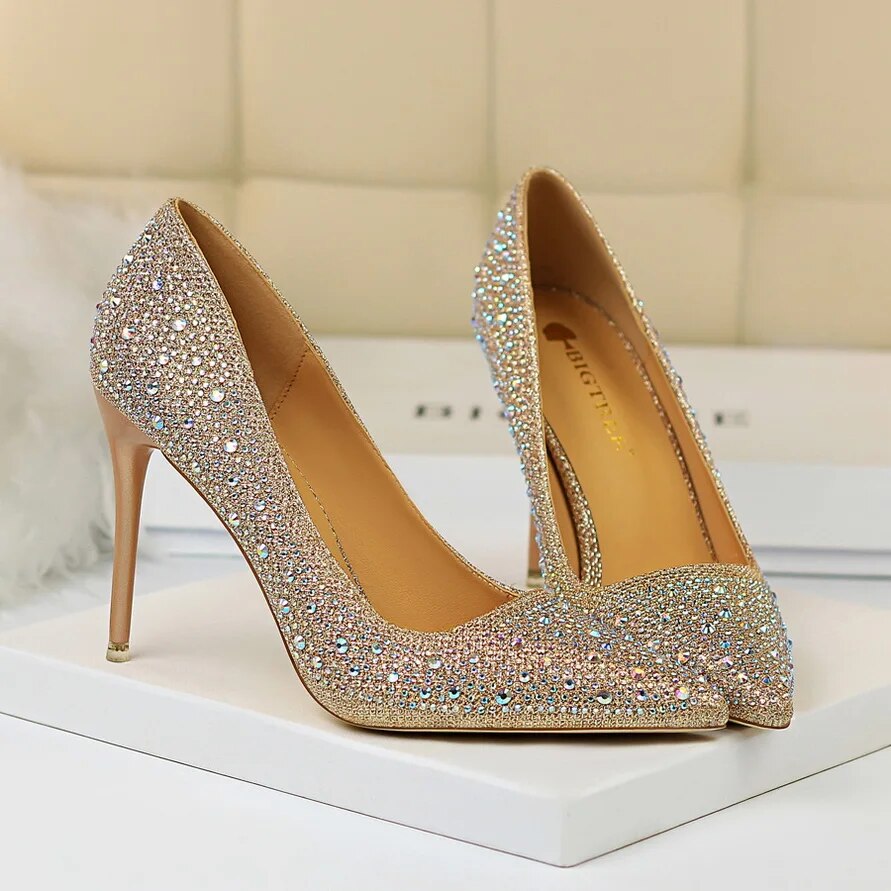 Ddbos Women 10cm High Heels Stripper Bling Scarpins Pumps Lady Stiletto Wedding Bridal Party Fetish Crystal Rhinestone Gold Prom Shoes